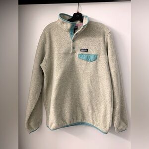 Patagonia Fleece Pullover in Grey with turquoise and pink accents (Size Large)